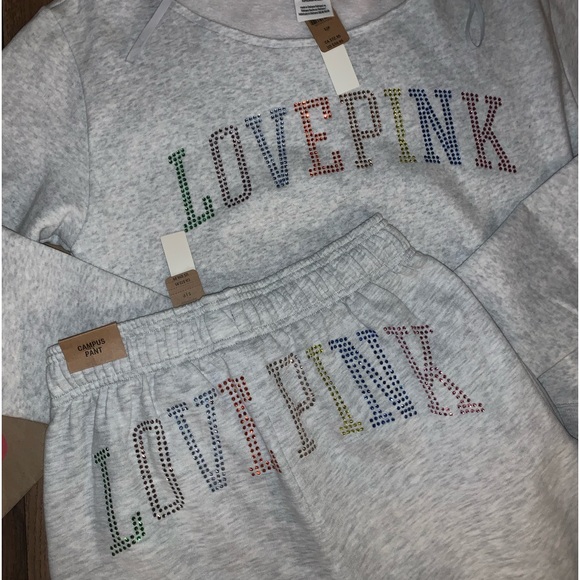 NEW VS PINK Size SMALL Rainbow Rhinestone Bling Set. Campus Pant & Sweatshirt. - Picture 14 of 14
